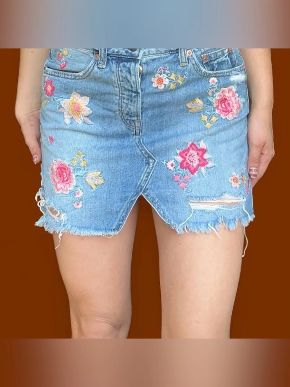 American Eagle Outfitters Light Blue Denim Mini Skirt with Floral Embroidery